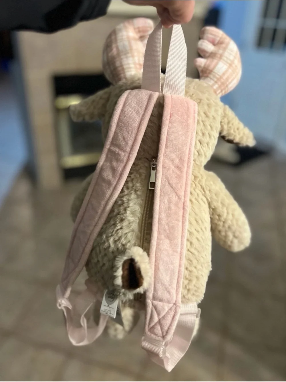 Pink and Tan Plaid Moose Stuffed Backpack - Carried Away by Stepping Stones